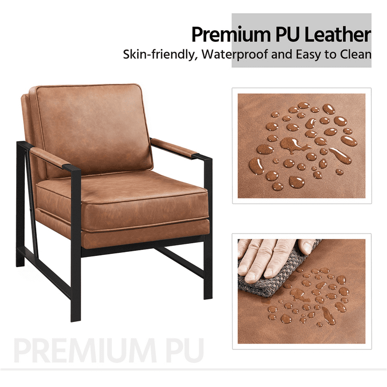 Alden Design Mid-Century Modern Accent Chair with Metal Frame, Light Brown Faux Leather