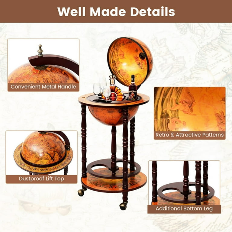 Canddidliike 16th Century Wood Globe Wine Bar Stand, Globe Wine Bar Stand, Liquor Bottle Shelf， Vintage Italian-Inspired Barware