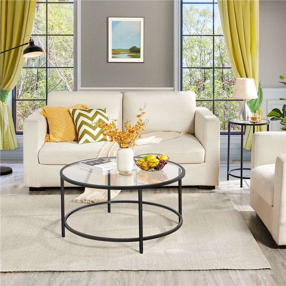 Alden Design Round Modern Glass-Top Coffee Table for Living Room, Black