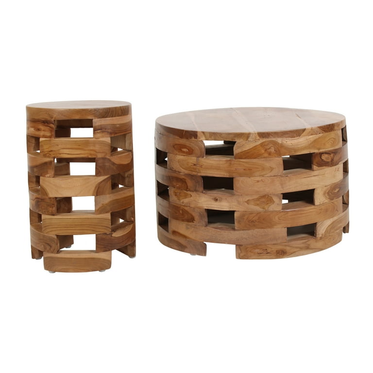 Maeve Open Slat Solid Wood Round Rustic Drum Accent Table by East at Main Natural Brown 12 x18