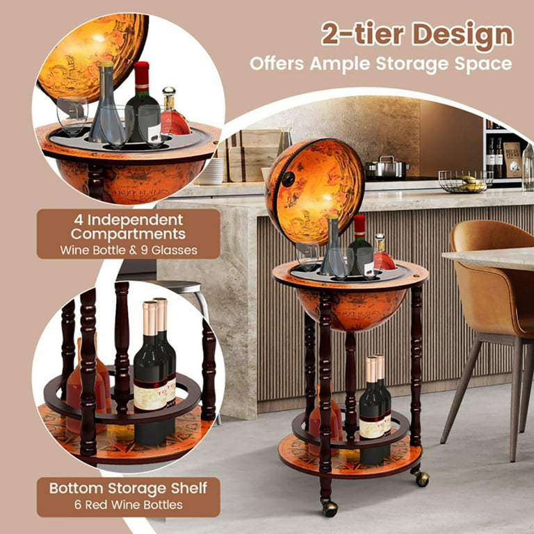 Canddidliike 16th Century Wood Globe Wine Bar Stand, Globe Wine Bar Stand, Liquor Bottle Shelf， Vintage Italian-Inspired Barware