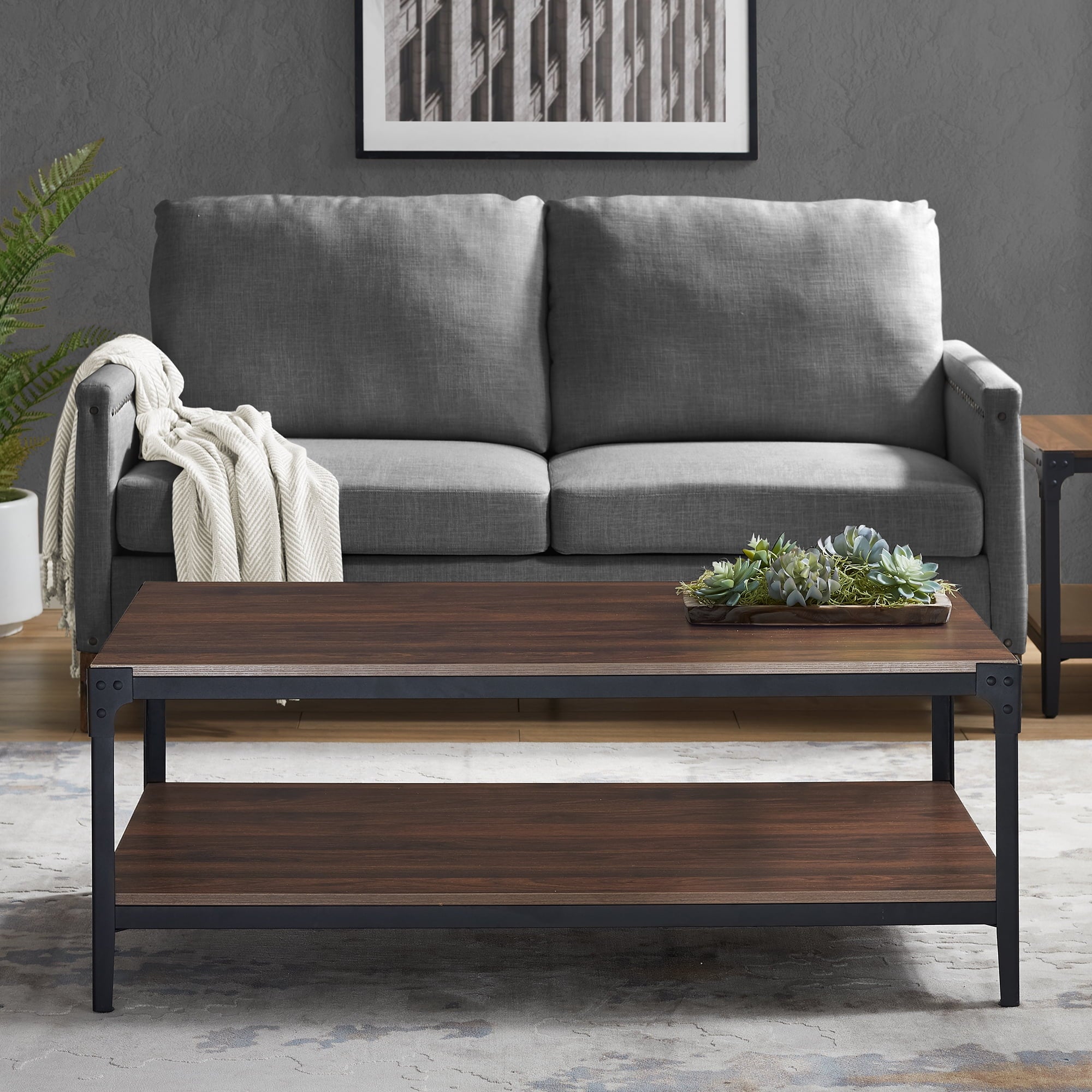 Woven Paths Wilson Angle Iron Rustic Coffee Table, Dark Walnut