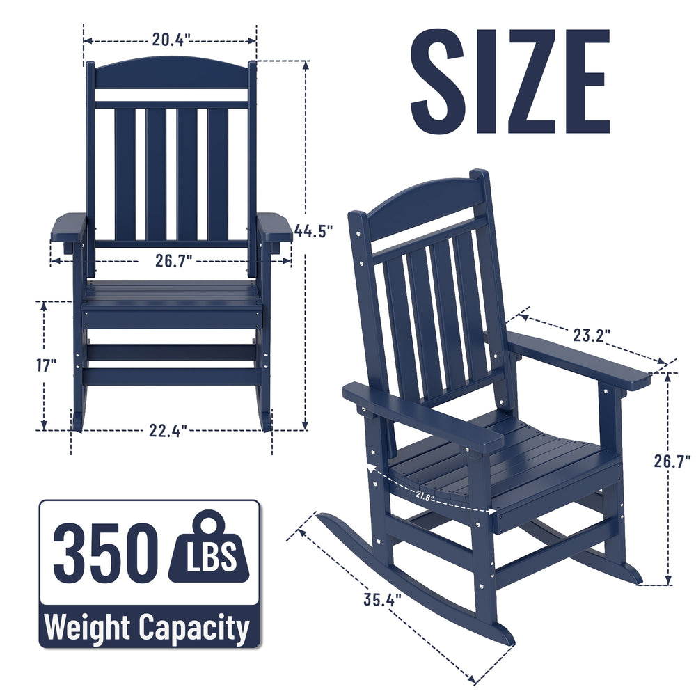 Patio Slat Rocking Chair Set of 2, HDPE Plastic Weather Resistant Porch Rocker, Navy Blue