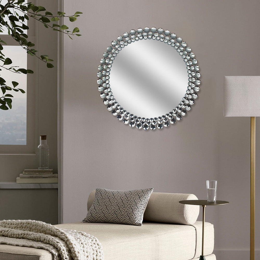 Silver Jeweled Round Wall Mirror for Wall Decor,24"