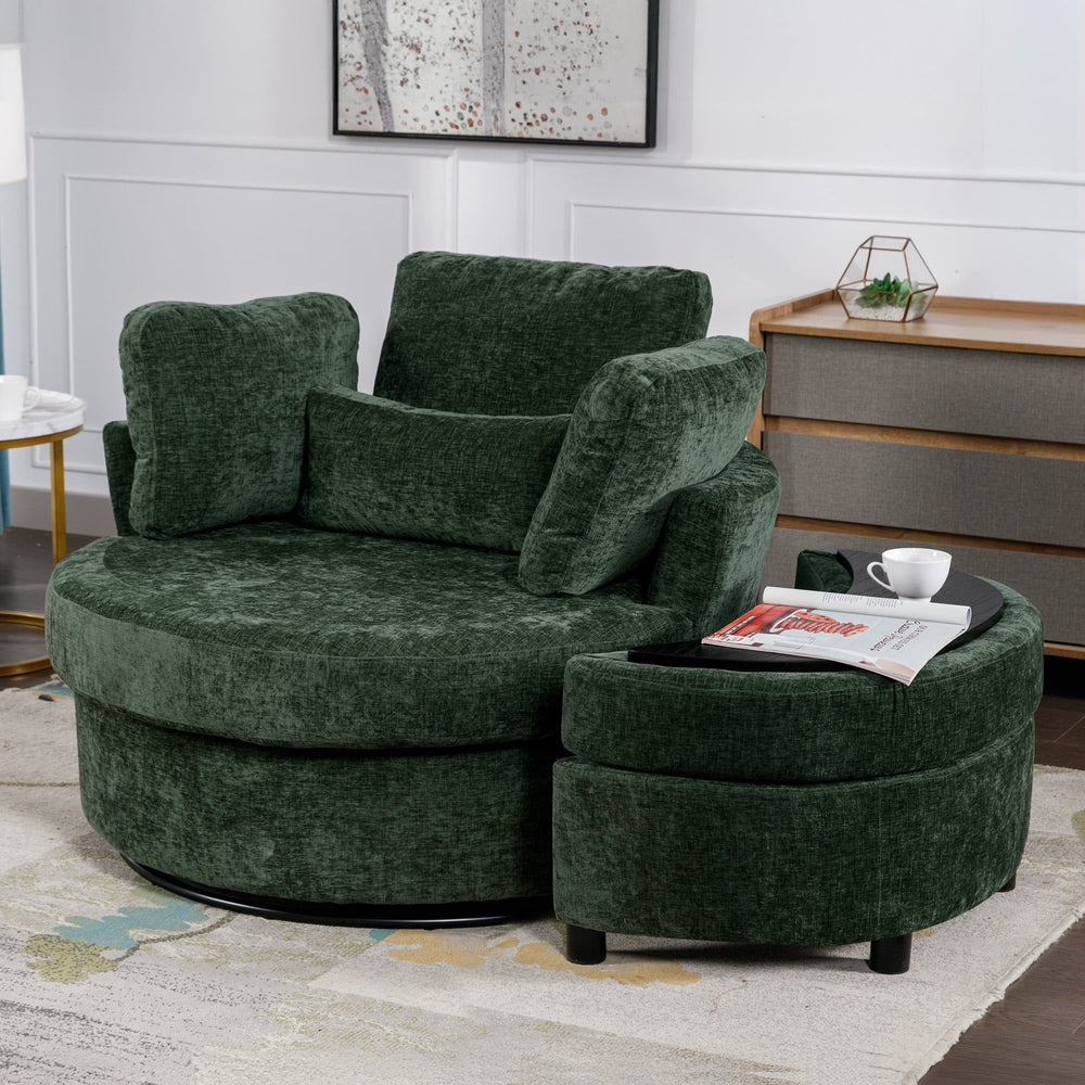 Lunale Oversized Swivel Barrel Accent Chair with Storage Ottoman Green Chenille