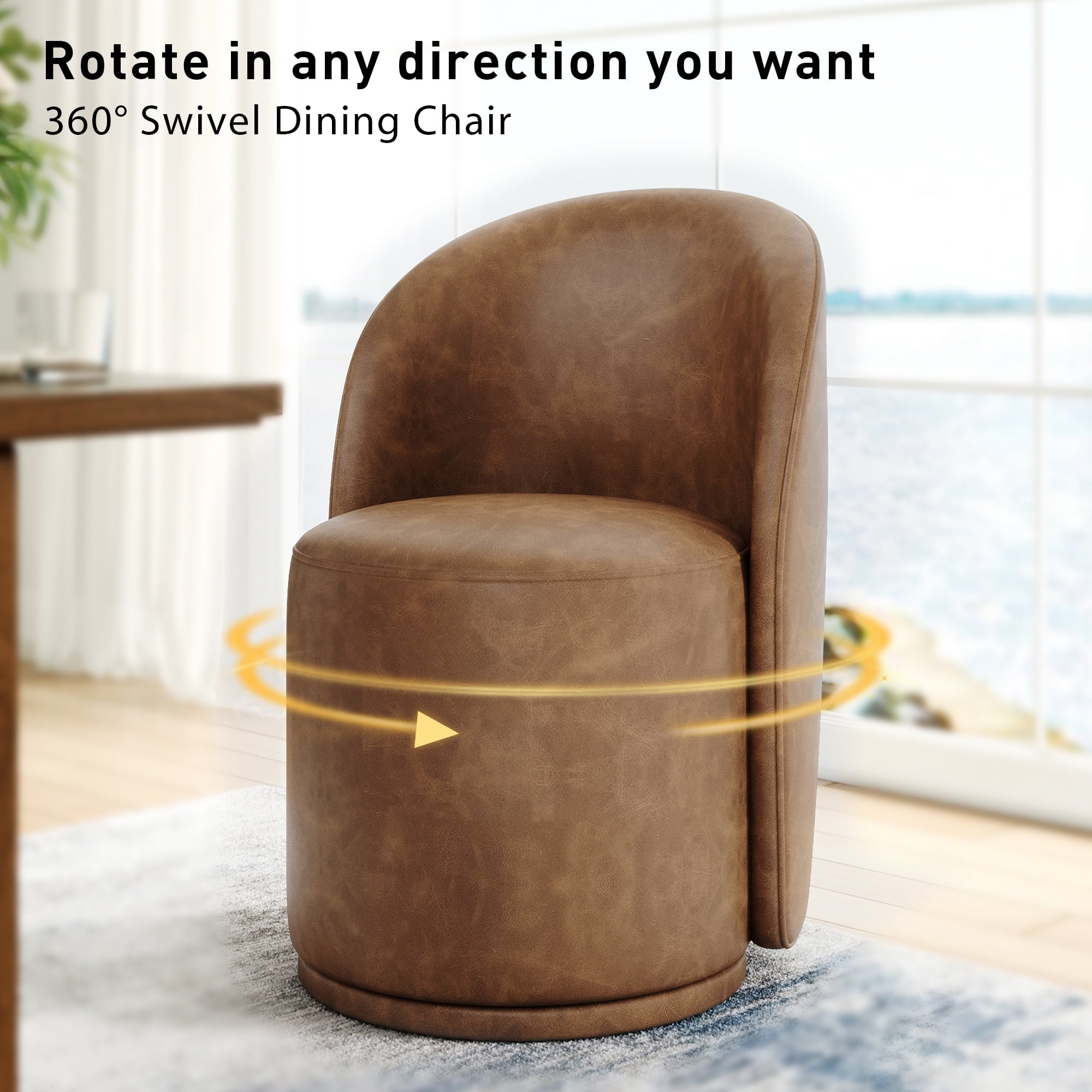 DREAMSIDEA Swivel Dining Chair, Upholstered Barrel Accent Chair for Dining Room & Kitchen Chairs, Morden Round Vanity Chair for Living Room&Bedroom, Faux Leather-Brown