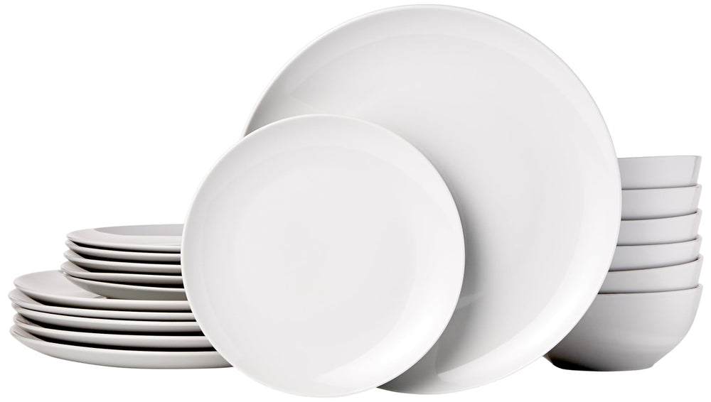 Amazon Basics 18 - Piece Kitchen Dinnerware Set, Plates, Dishes, Bowls, Service for 6, White Porcelain Coupe - From Where - 