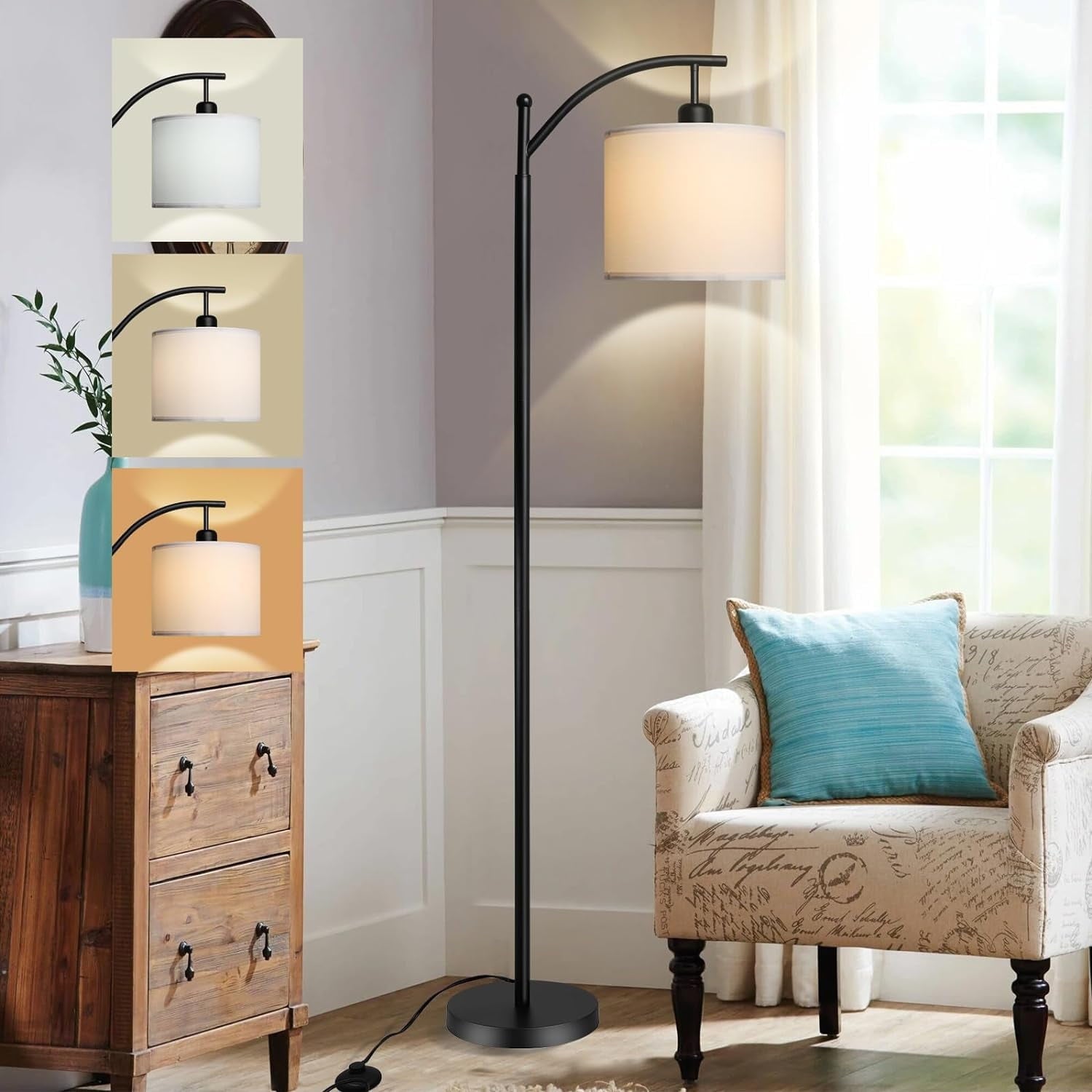 Arc Floor Standing Lamp with White Lampshade - From Where - 
