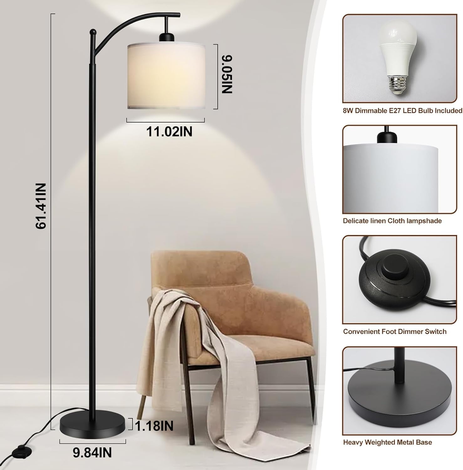 Arc Floor Standing Lamp with White Lampshade - From Where - 