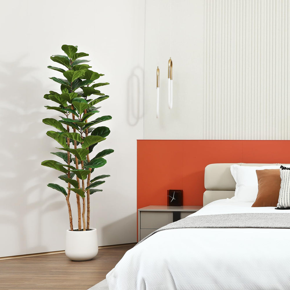 fake fiddle leaf fig OAKRED Artificial Fiddle Leaf Fig Tree with White Planter, 6ft Tall Fake Tree with Natural Wood Trunk for Home Decor, Faux Ficus Tree Fake Moss for