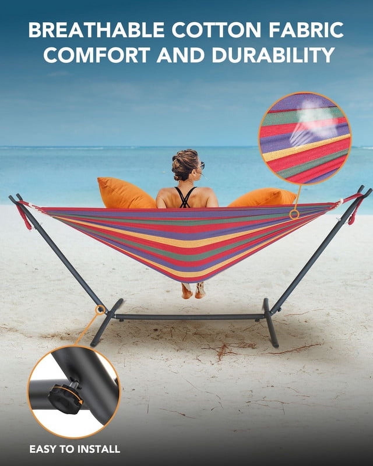 KEESTP Comfortable 2 Person Hammock with Stand,Ease of Assembly Portable Brazilian Hammock,450lb Capacity - Rainbow