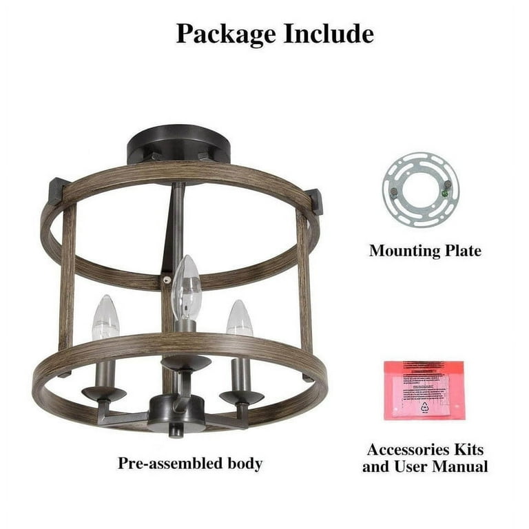 LNC Rustic Farmhouse 3-Light Semi-Flush Ceiling Light Distressed Wood