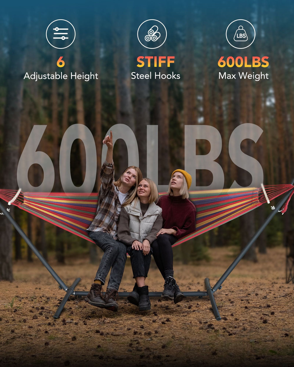 KEESTP Comfortable 2 Person Hammock with Stand,Ease of Assembly Portable Brazilian Hammock,450lb Capacity - Rainbow