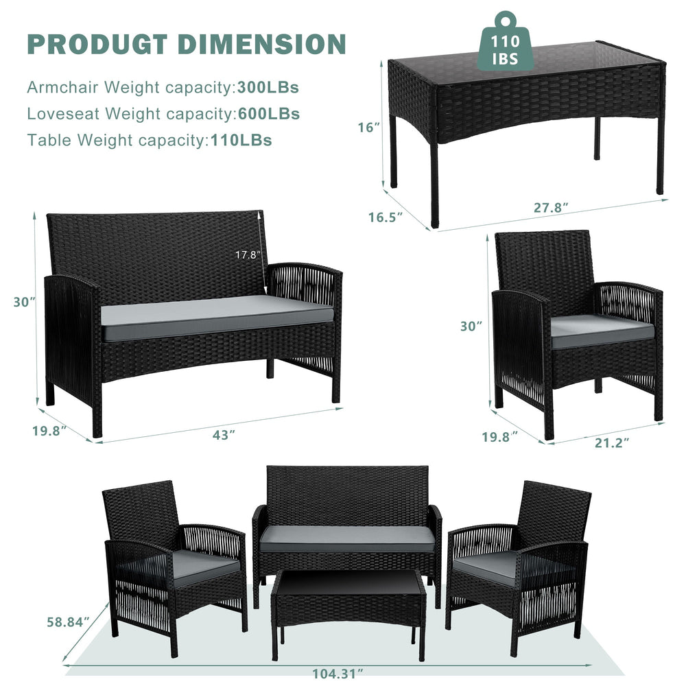 Outdoor Patio Conversation Set, Segmart 4 Pieces Rattan Sofa Set Cushioned Sofa &amp; Charis, Deck Porch Poolside Furniture Table Set for 4, Gray