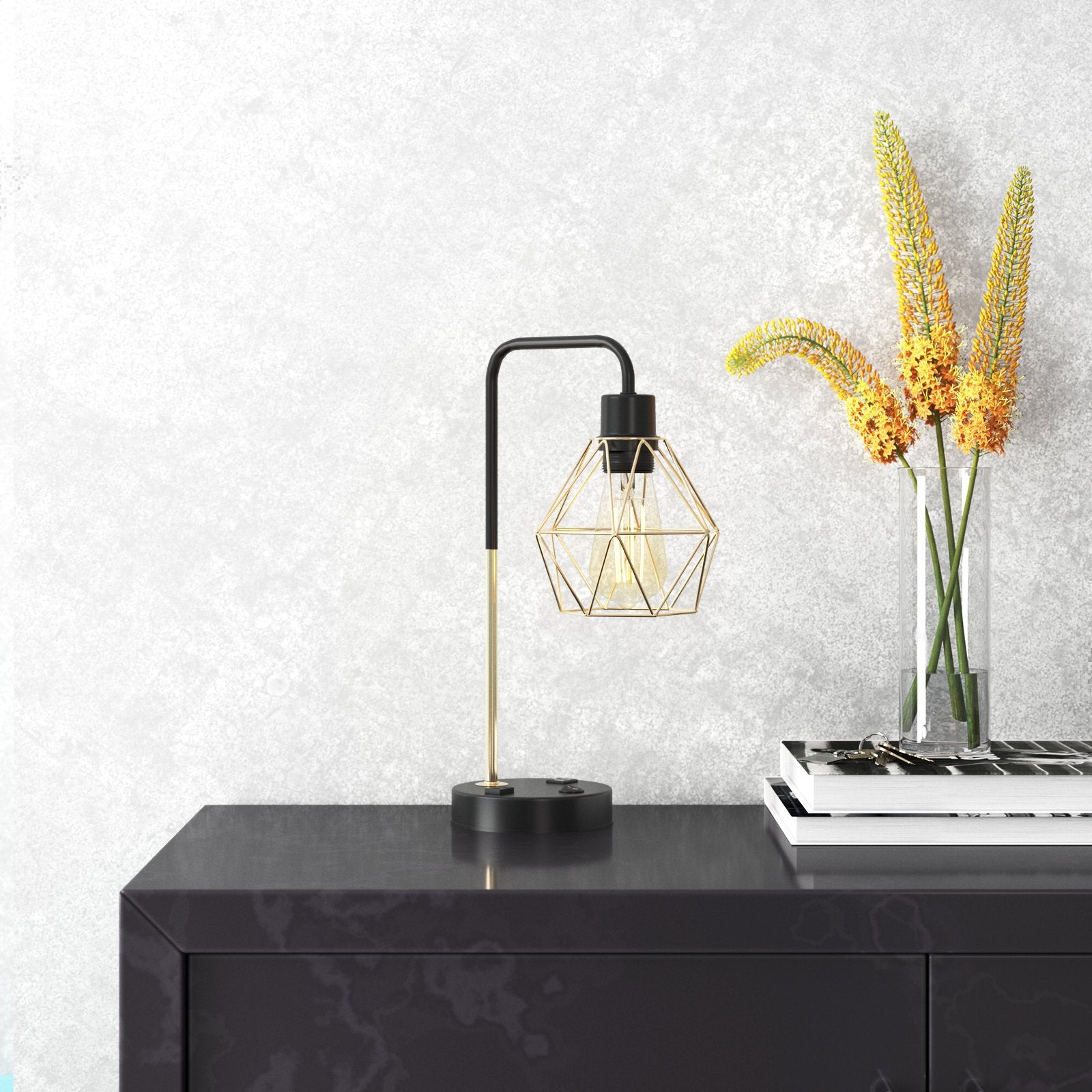 Bertha 16.1'' Black/Gold Table Lamp with USB and Outlet - From Where - 