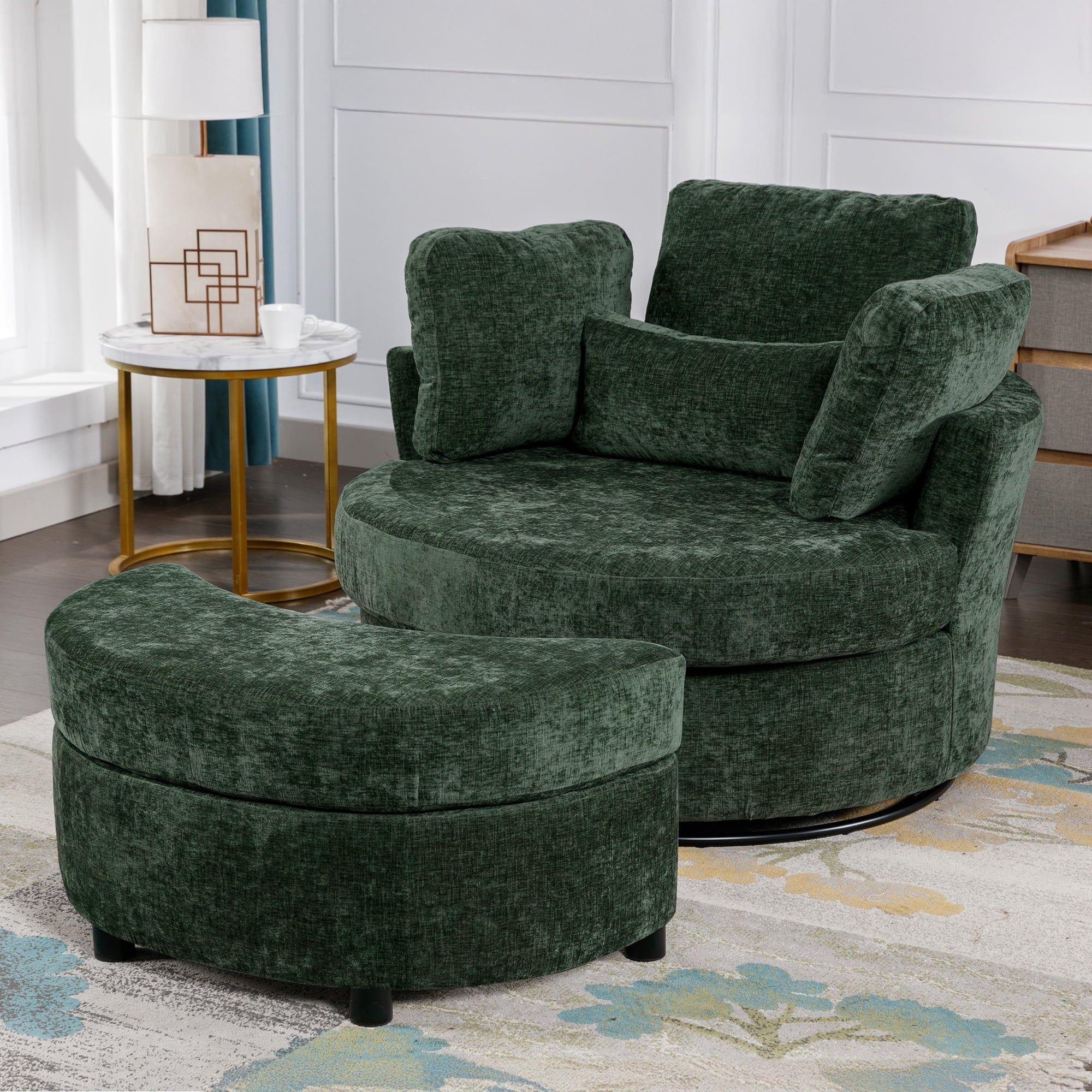 Lunale Oversized Swivel Barrel Accent Chair with Storage Ottoman Green Chenille