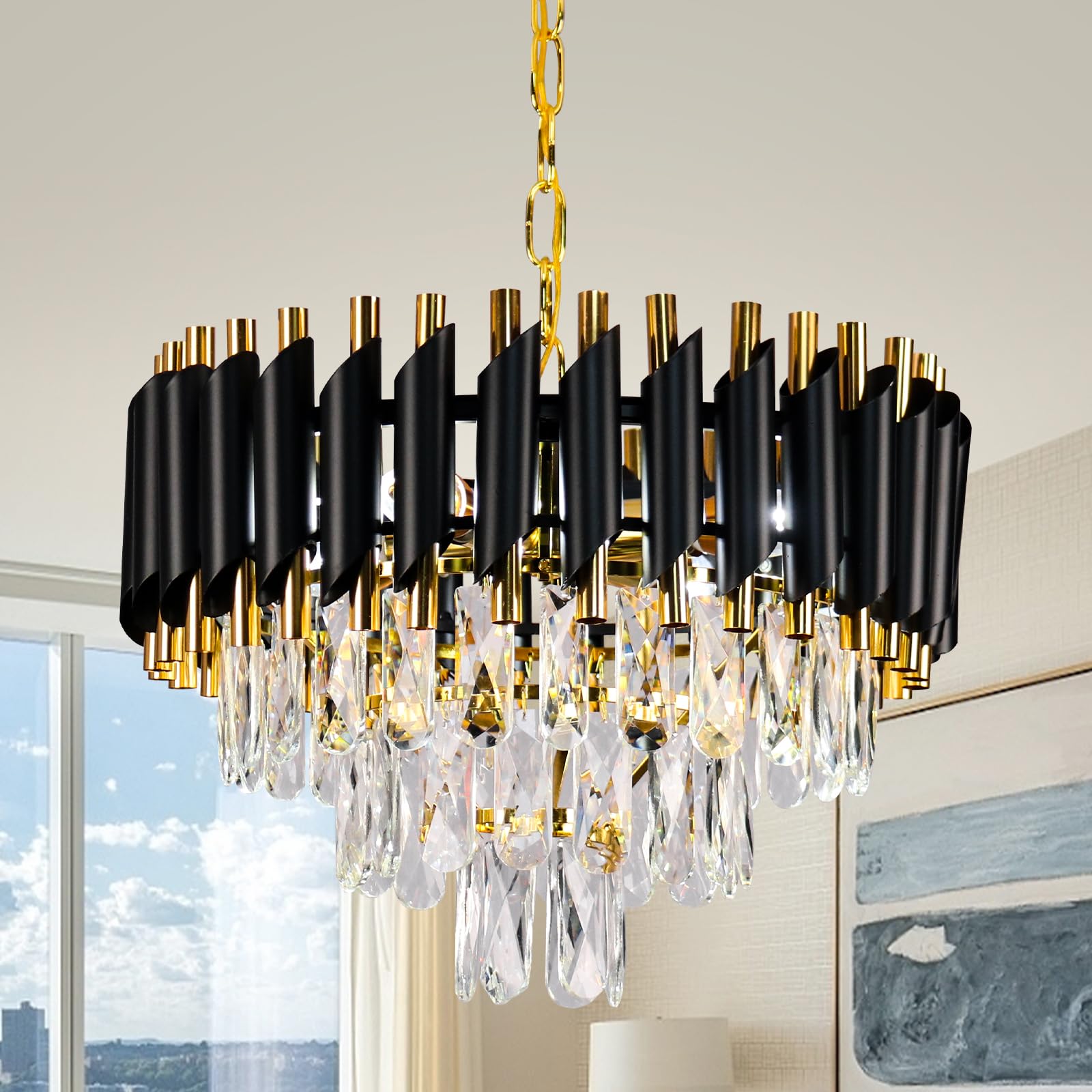 Black and Gold Crystal Chandelier 16" - From Where - 