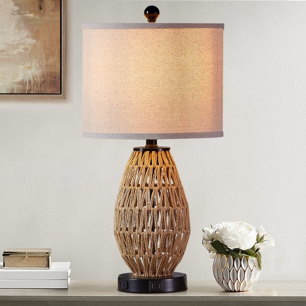 Brown Rattan Woven Table Lamp - From Where - 