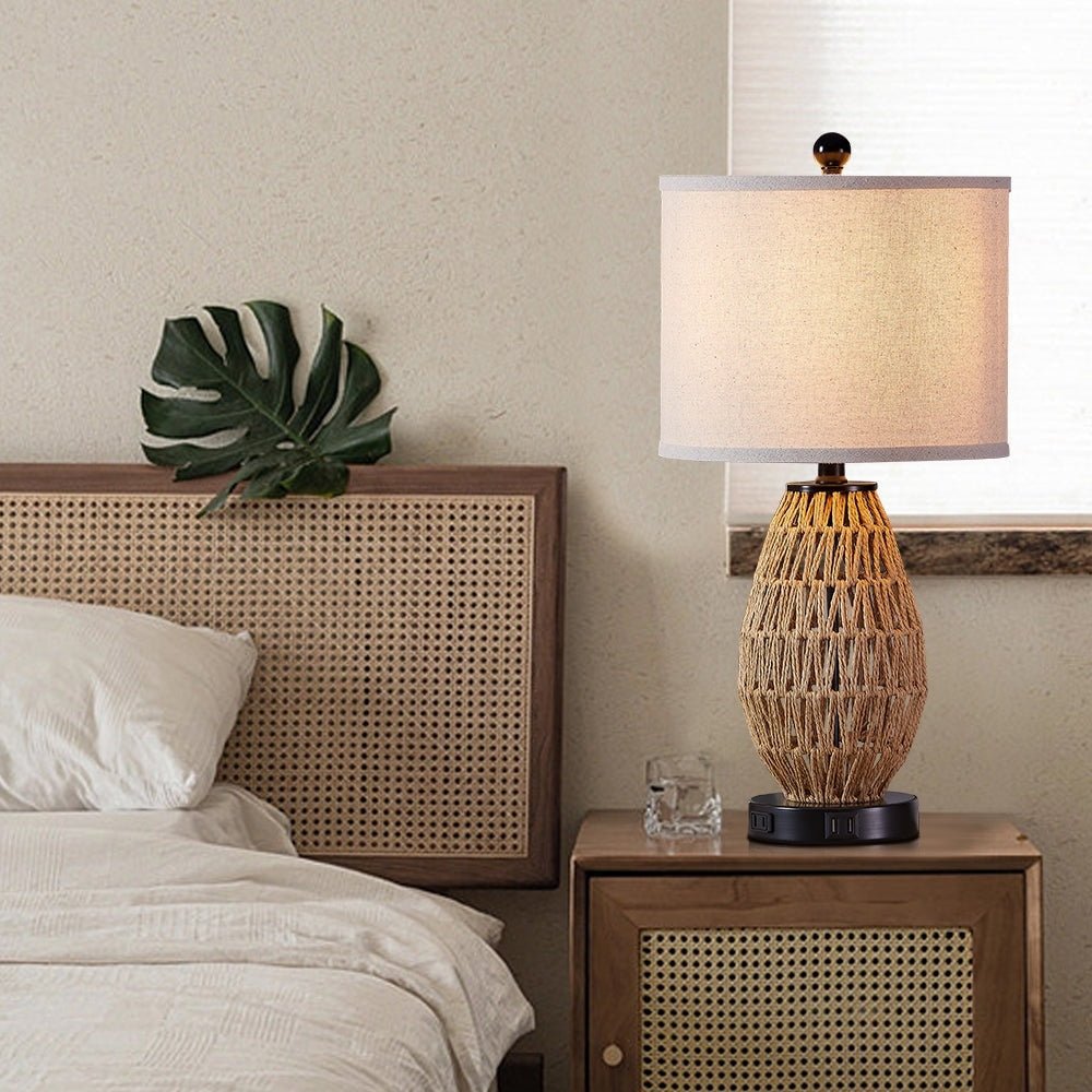 Brown Rattan Woven Table Lamp - From Where - 