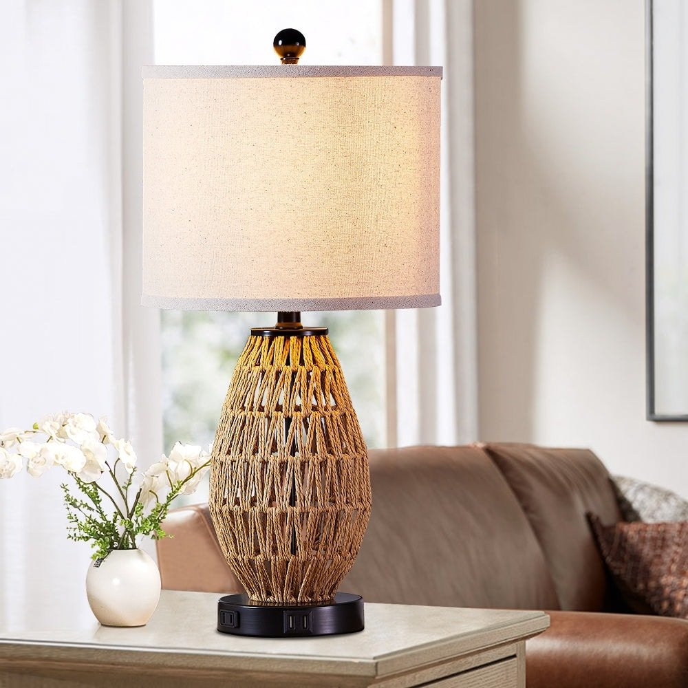 Brown Rattan Woven Table Lamp - From Where - 