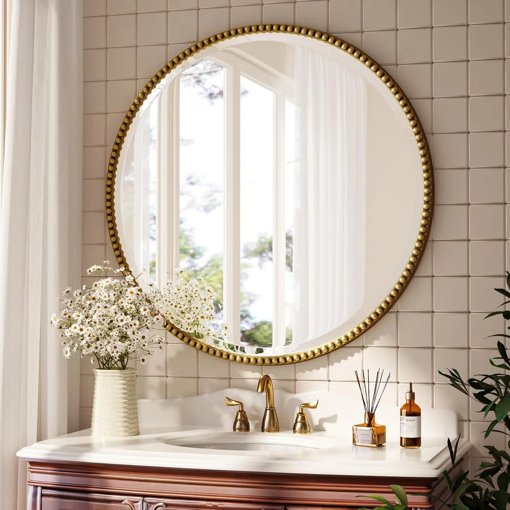 28" Beaded Round Wall Mirror
