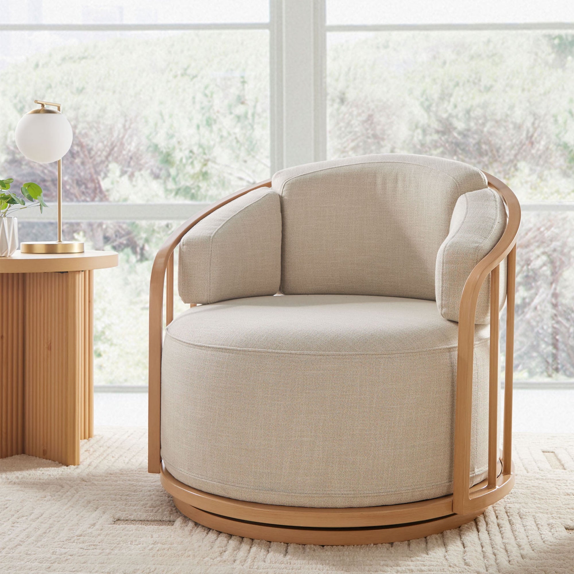 Free Shipping! Better Homes & Gardens Lillian Swivel Birdcage Accent Chair, Cream Linen, Natural Pine Finish
