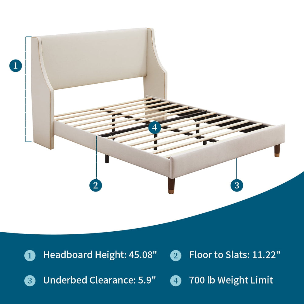 Queen Size Bed Frame, Platform Bed Frame with Upholstered Headboard, Modern Deluxe Wingback, Wood Slat Support, Mattress Foundation