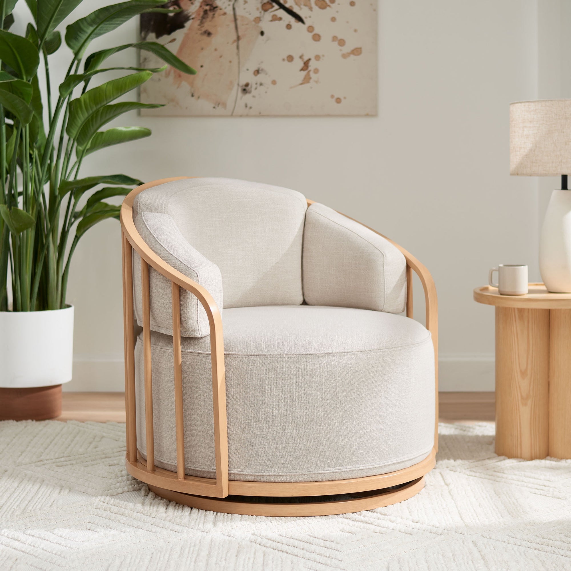 Free Shipping! Better Homes &amp; Gardens Lillian Swivel Birdcage Accent Chair, Cream Linen, Natural Pine Finish