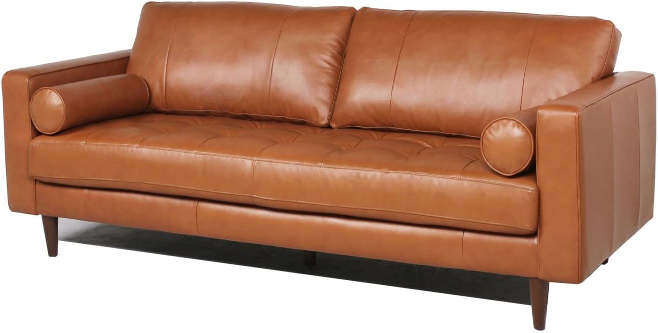 Comfy Mid - Century Modern Leather Sofa, Cognac, Upholstered, Classic Style - From Where - 