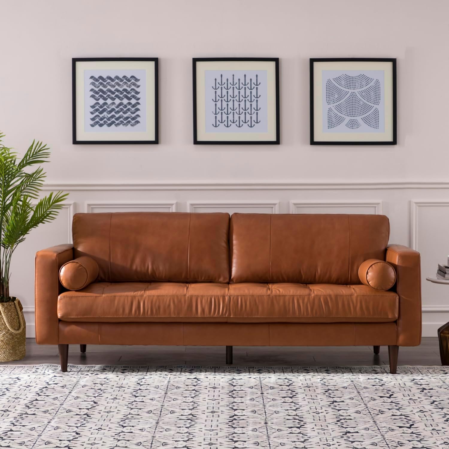 Comfy Mid - Century Modern Leather Sofa, Cognac, Upholstered, Classic Style - From Where - 