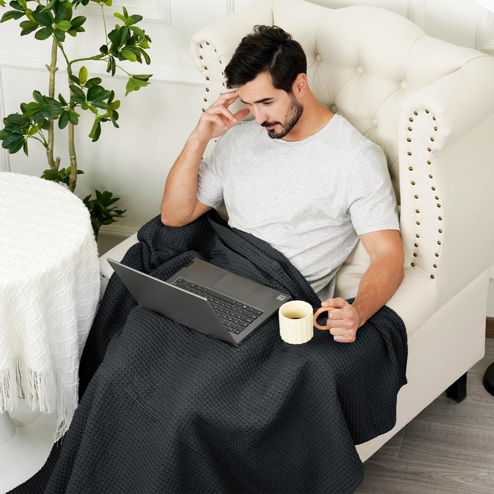 Cotton Waffle Weave Black Twin Blanket - From Where - 