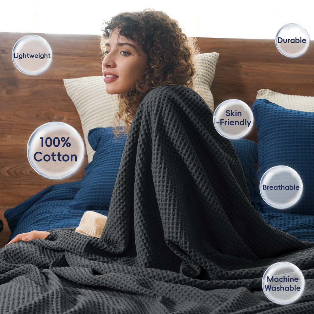 Cotton Waffle Weave Black Twin Blanket - From Where - 