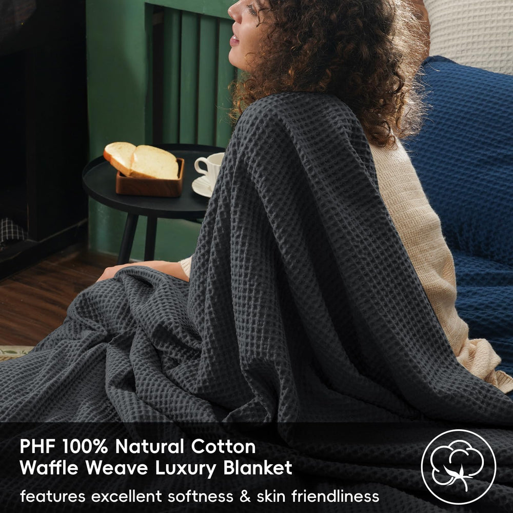 Cotton Waffle Weave Black Twin Blanket - From Where - 