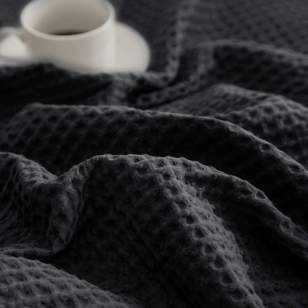 Cotton Waffle Weave Black Twin Blanket - From Where - 