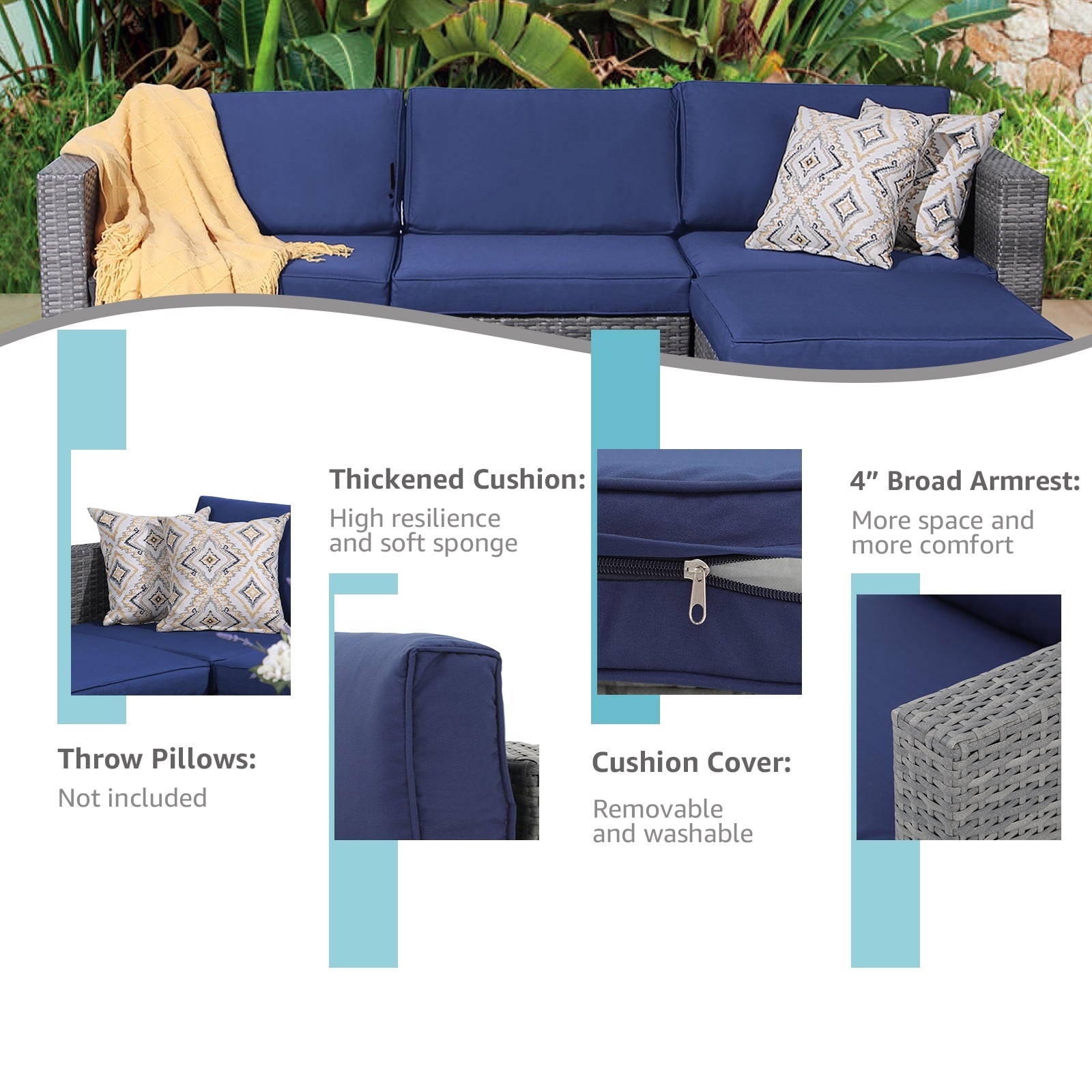 JOIVI 5 Pieces Outdoor Patio Furniture Set, All Weather PE Gray Wicker Rattan Sectional Furniture Set with Coffee Table, Navy Blue
