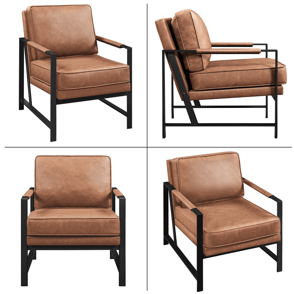 Alden Design Mid-Century Modern Accent Chair with Metal Frame, Light Brown Faux Leather