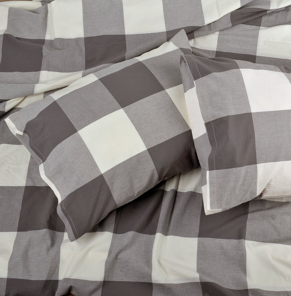 Home Soft Things 3 Piece Washed Cotton Duvet Cover Set - Gingham - Grey - Queen (92" x 90")