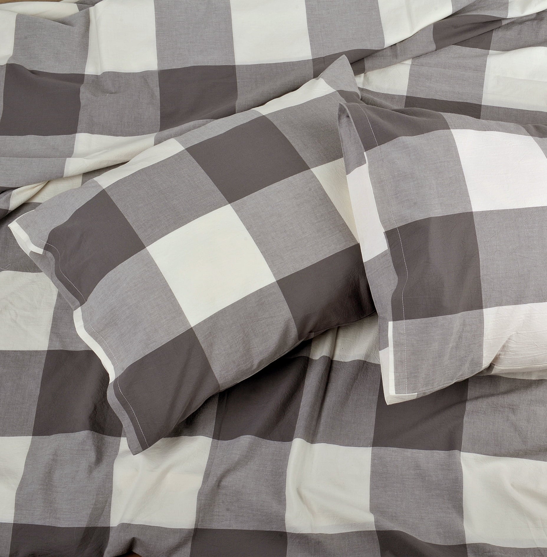 Home Soft Things 3 Piece Washed Cotton Duvet Cover Set - Gingham - Grey - Queen (92" x 90")