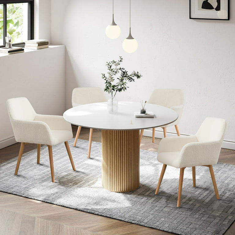Modern Dining Chairs Kitchen Chair Accent Chair for Living Dining Room Arm Chairs Club Guest with Solid Wood Legs(Set of 1, Wool White)