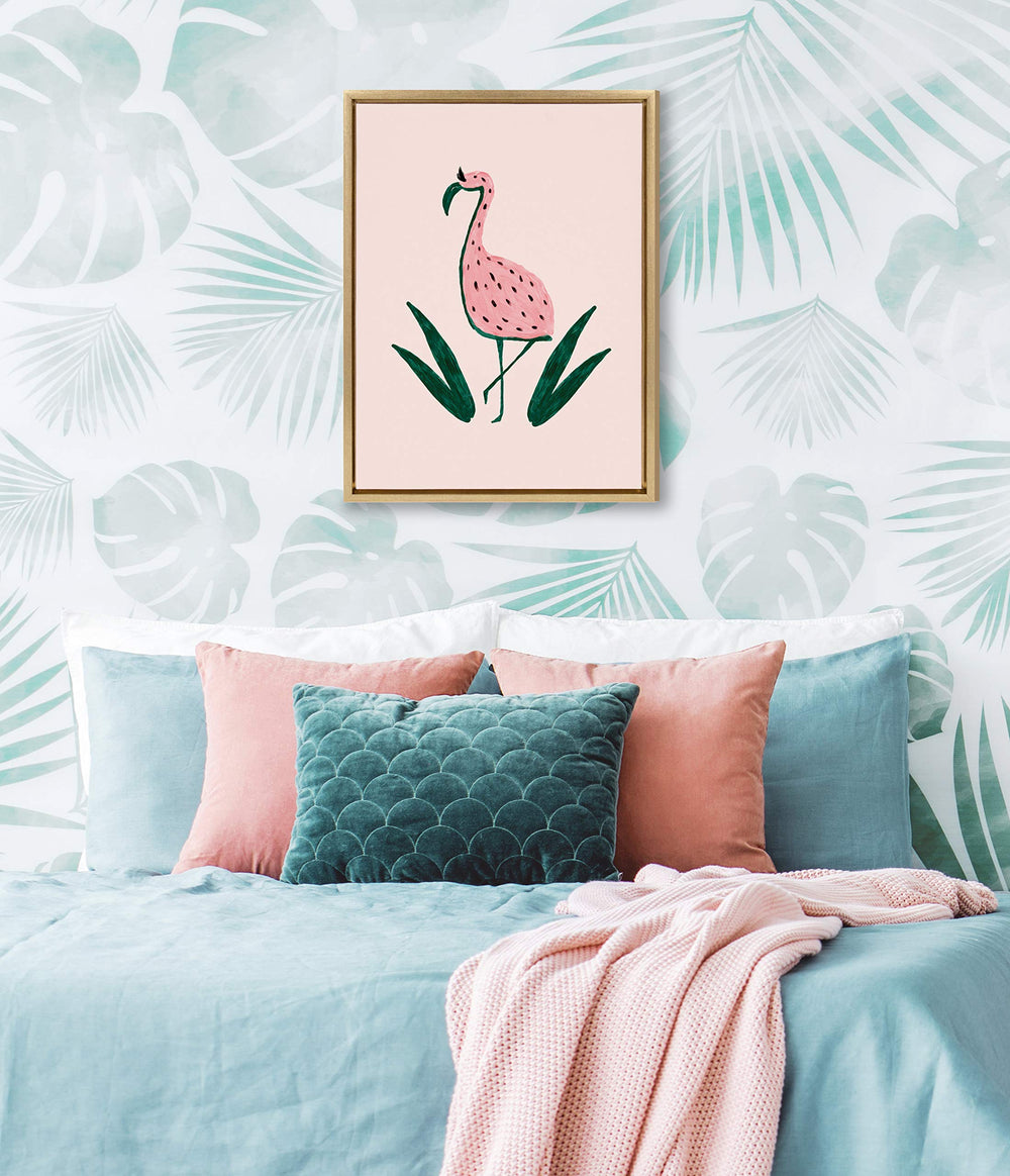 DesignOvation Sylvie Flamingo Watermelon Framed Canvas Wall Art by Kendra Dandy, 18x24 Gold - From Where - 