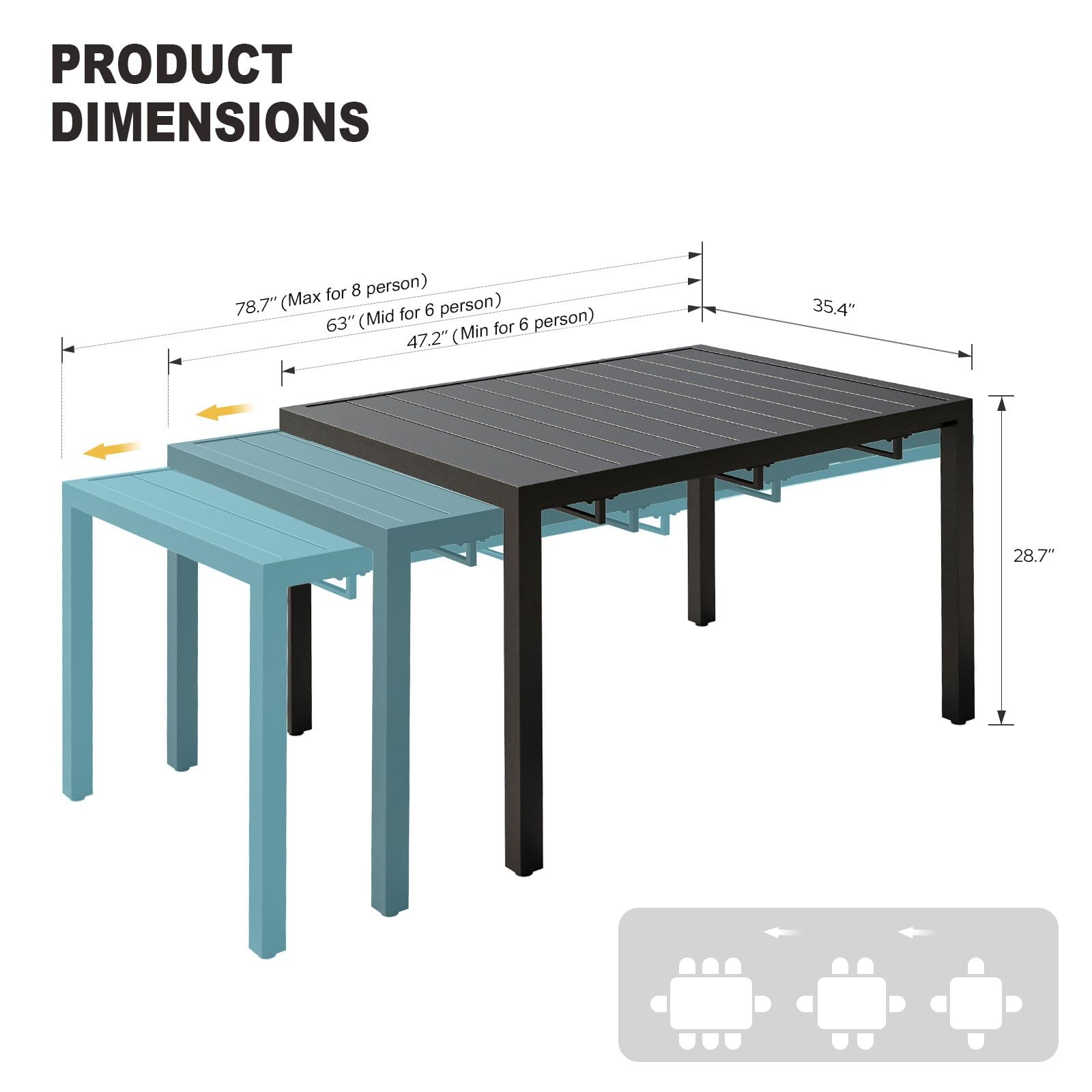 DIFY 47&quot; - 78.7&quot; Extendable Outdoor Furniture Dining Table for 6 - 8, Black Rectangular Patio Dining Table with Metal Frame for Garden, Lawn, Poolside and Yard - From Where - 