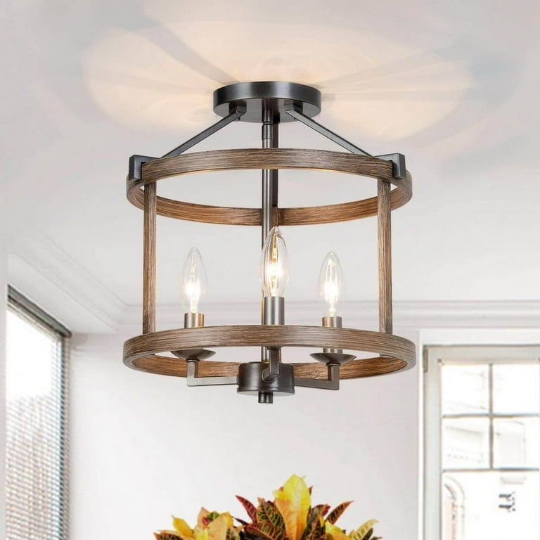 LNC Rustic Farmhouse 3-Light Semi-Flush Ceiling Light Distressed Wood