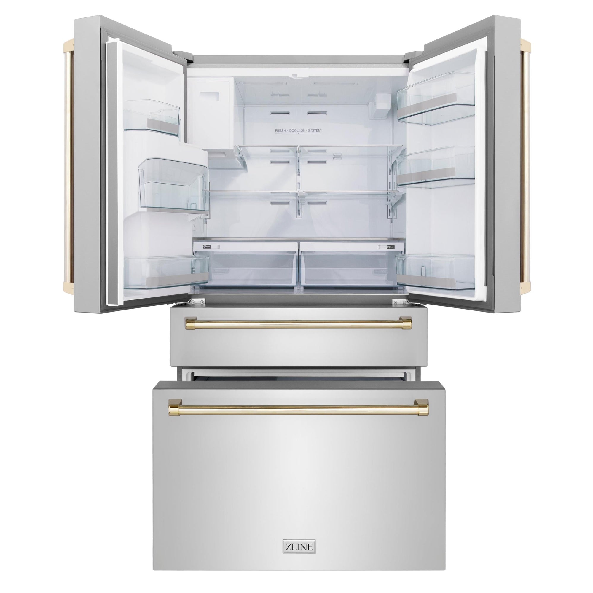 ZLINE 36&quot; Autograph Edition 21.6 cu. ft Freestanding French Door Refrigerator with Water and Ice Dispenser in Fingerprint Resistant Stainless Steel with Gold Accents (RFMZ-36-G)