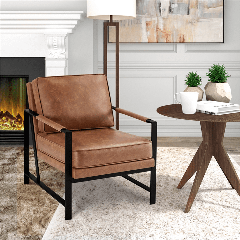 Alden Design Mid-Century Modern Accent Chair with Metal Frame, Light Brown Faux Leather