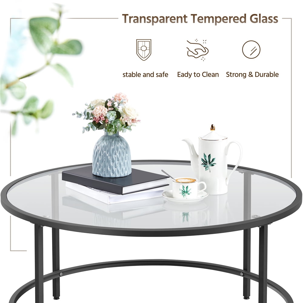 Alden Design Round Modern Glass-Top Coffee Table for Living Room, Black