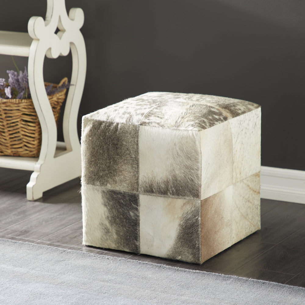 Decmode 16" x 16" Gray Leather Handmade Cowhide Ottoman with Patchwork Pattern, 1-Piece