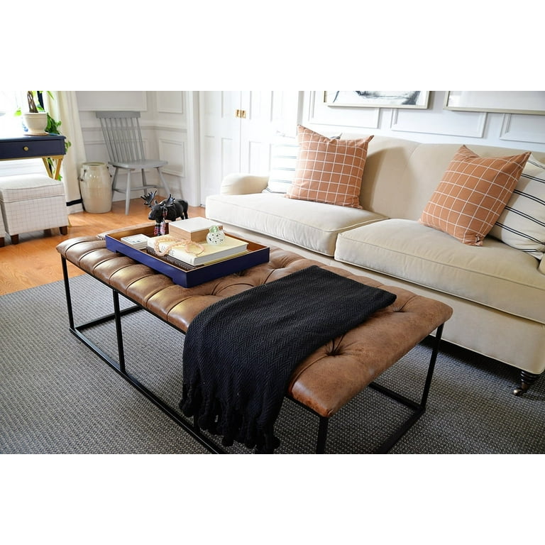 HomePop Draper 58" Large Ottoman with Button Tufting, Light Brown Faux Leather