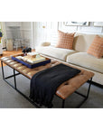 HomePop Draper 58" Large Ottoman with Button Tufting, Light Brown Faux Leather