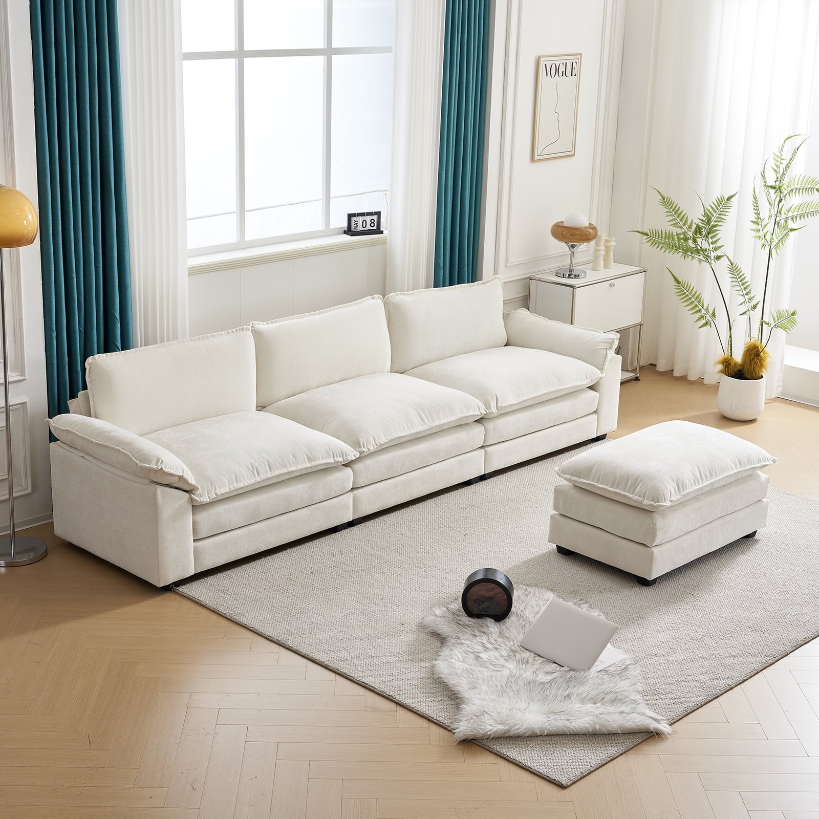 Ktaxon 120" W Sectional Sofa L Shaped Couch with Chaise Living Room Sleeper Set, 3 Seats with Chenille and Double Layer Cushions Beige