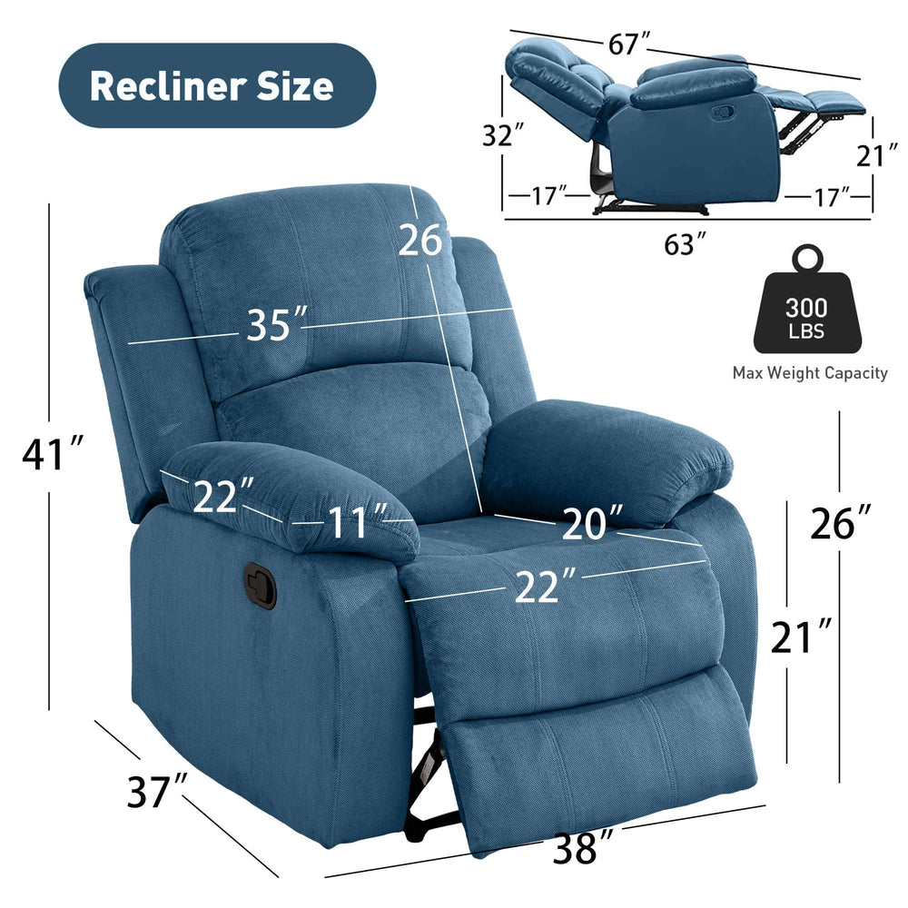 Aukfa Manual Recliner Chair, Overstuffed Single Sofa for Home Office, Flannel, Blue